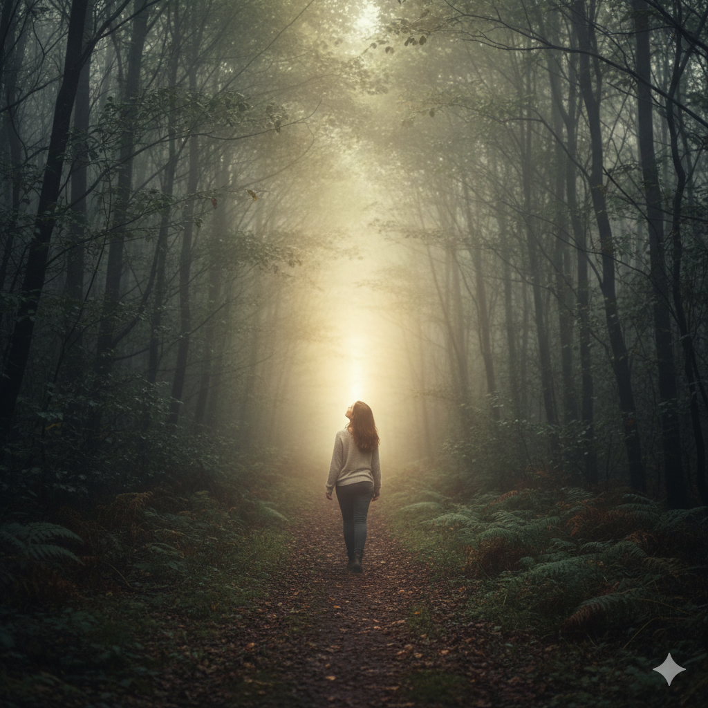 Femme marchant seule dans une forêt brumeuse vers une lumière lointaine, symbolisant la prise de conscience d'une relation toxique.