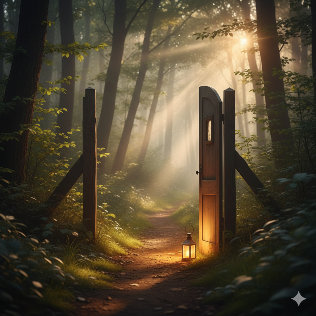Porte ouverte en forêt avec lanterne pour retrouver de la clarté dans la relation