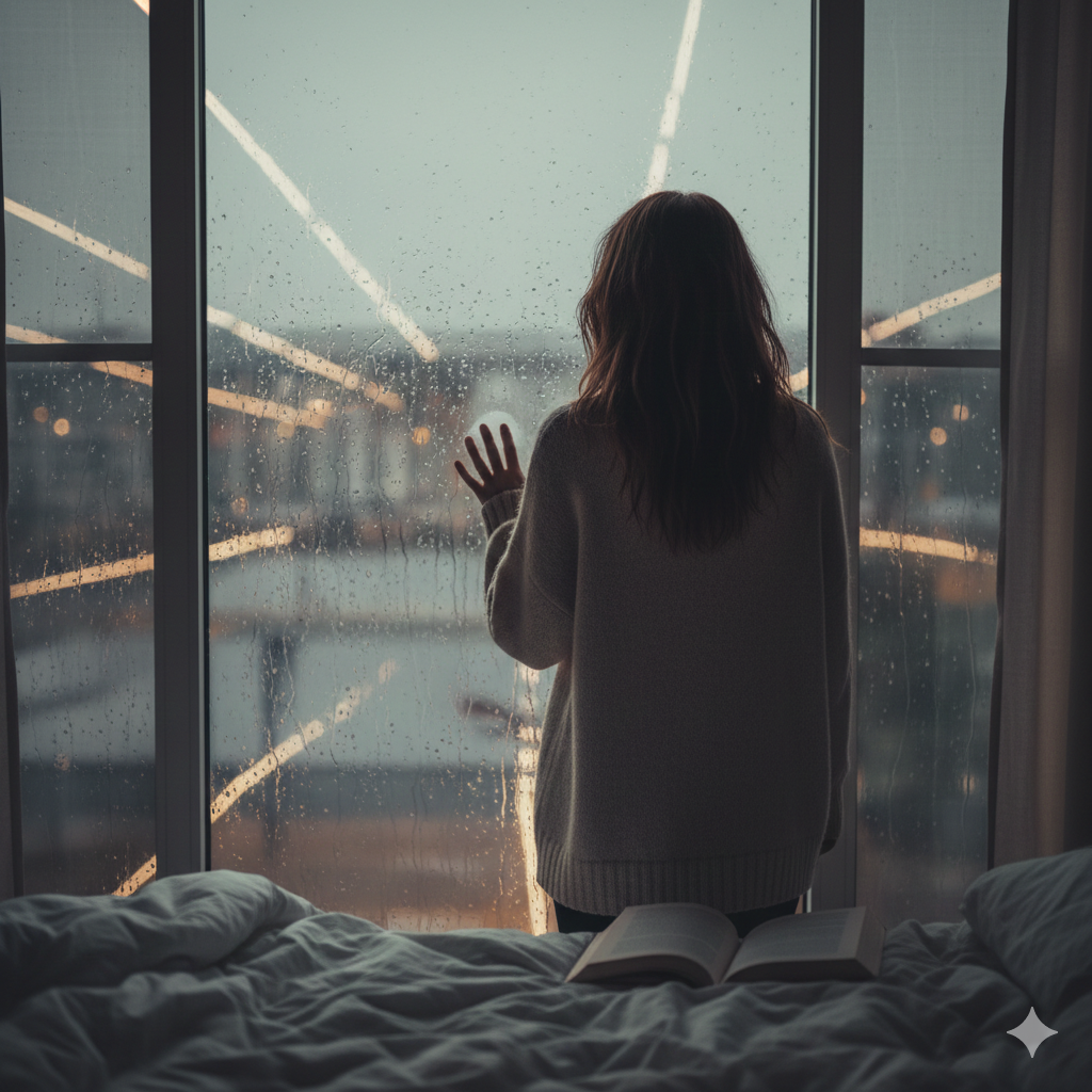 Femme de dos regardant la pluie par la fenêtre d'une chambre, illustrant le doute après une séparation.