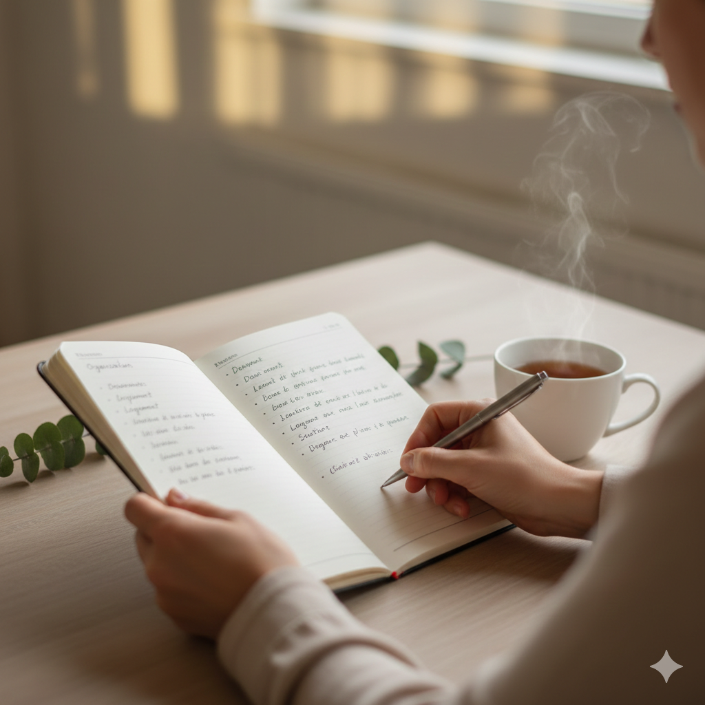 Mains écrivant dans un carnet à côté d'une tasse de thé, illustrant l'organisation pour préparer une séparation.